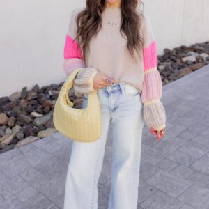 Khaki Striped Balloon Sleeve Sweater