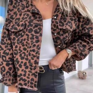 Leopard Raw Hem Denim Jacket