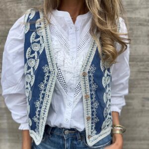 Blue Embroidered V-Neck Button-Up Vest Coat