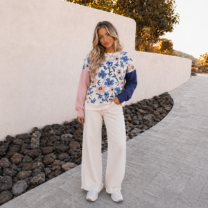 Cream Blue Floral Colorblock Patchwork Sweater