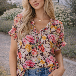 Pink Floral Crew Neck Short Sleeve Relaxed Fit Blouse
