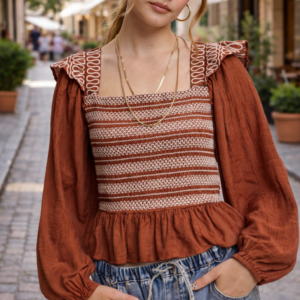 White Embroidered Smocked Peplum Puff Sleeve Top