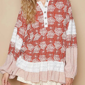 Red Multi Floral Ruffle Hem Balloon Sleeve Hoodie