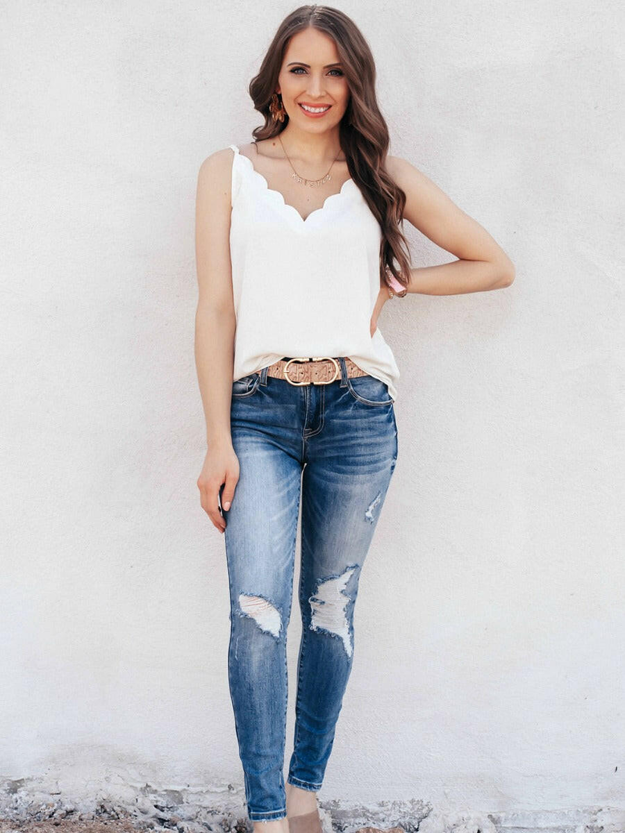 Grey Scallop Trim Sleeveless Tank Top - Image 16