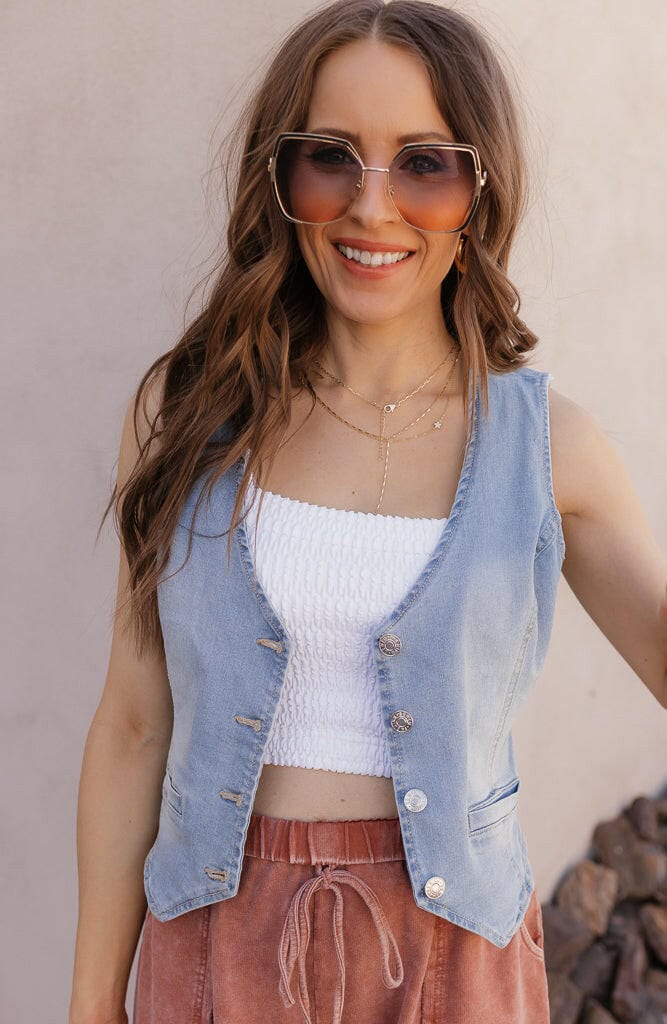 Blue Denim Button-Up Draped V-Neck Vest - Image 5