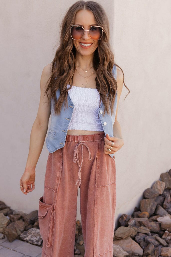 Blue Denim Button-Up Draped V-Neck Vest - Image 6