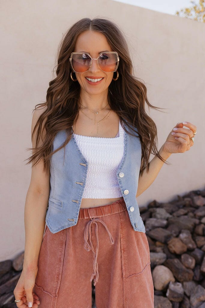 Blue Denim Button-Up Draped V-Neck Vest - Image 2