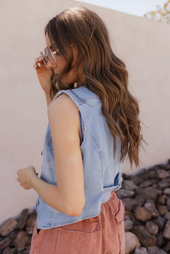 Blue Denim Button-Up Draped V-Neck Vest - Image 7