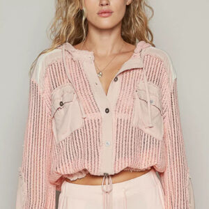 Textured Hooded Button-Down Shirt Jacket
