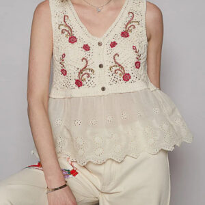 Cream Embroidered Eyelet Peplum V-Neck Tank Top