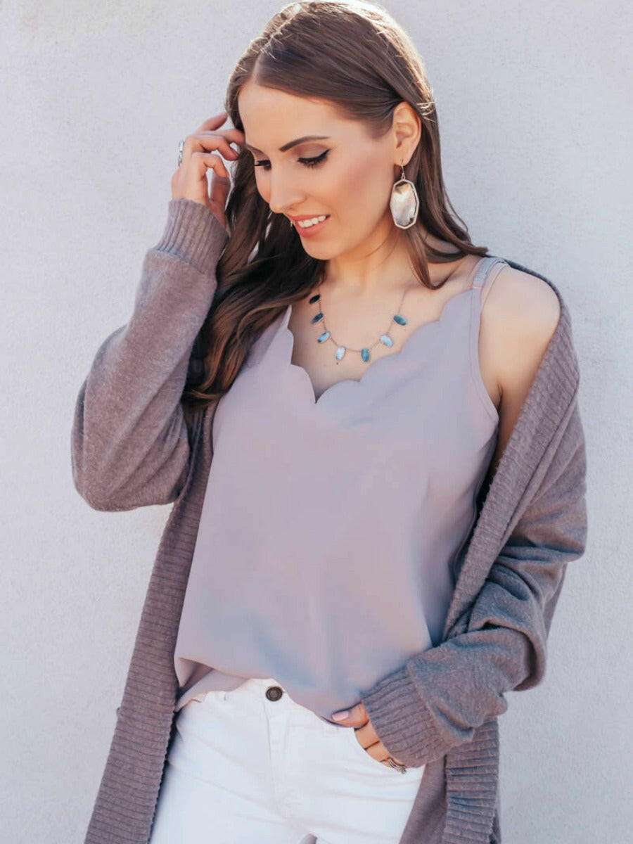 Grey Scallop Trim Sleeveless Tank Top - Image 11