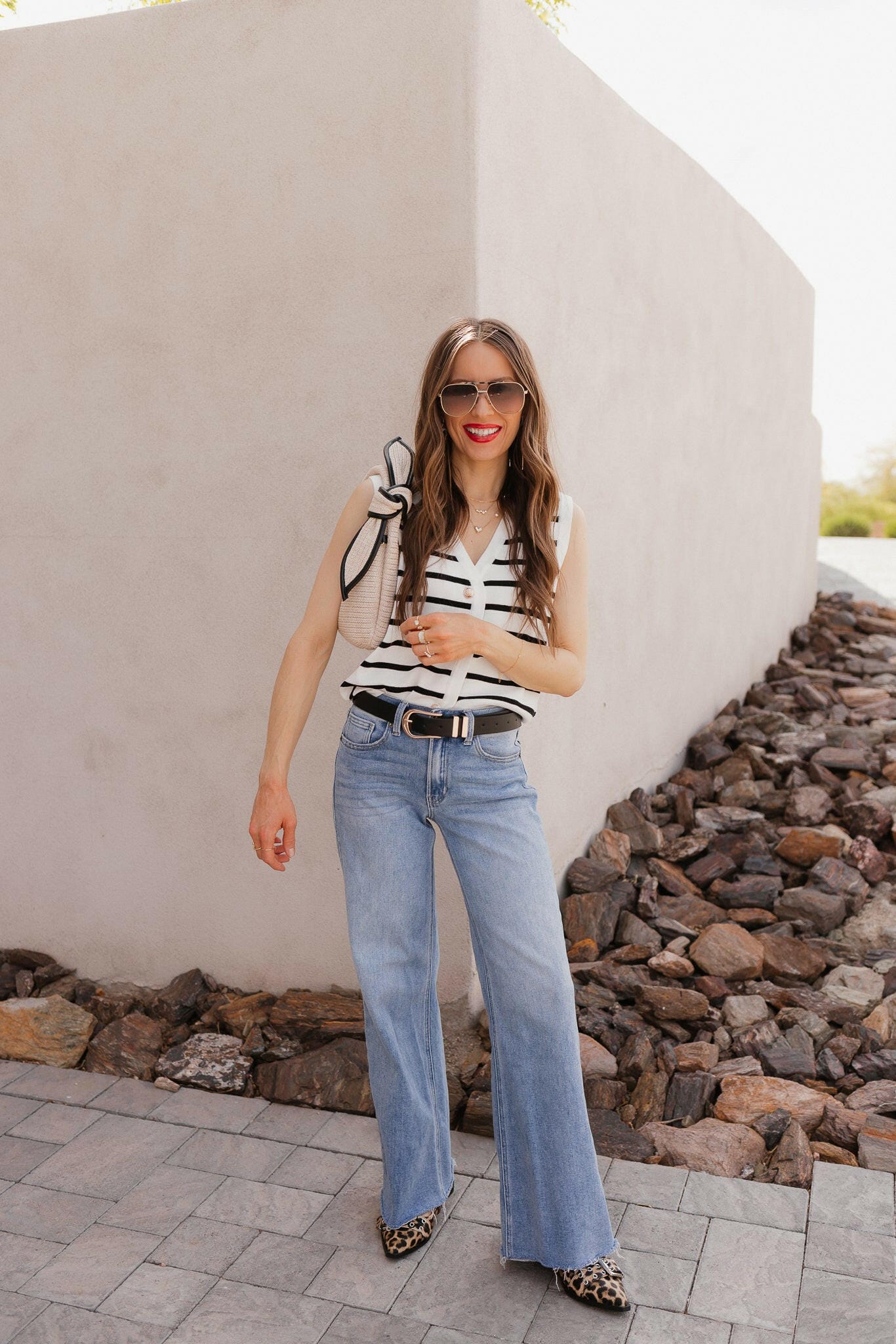 White Knit Striped Button-Front V-Neck Tank Top - Image 7