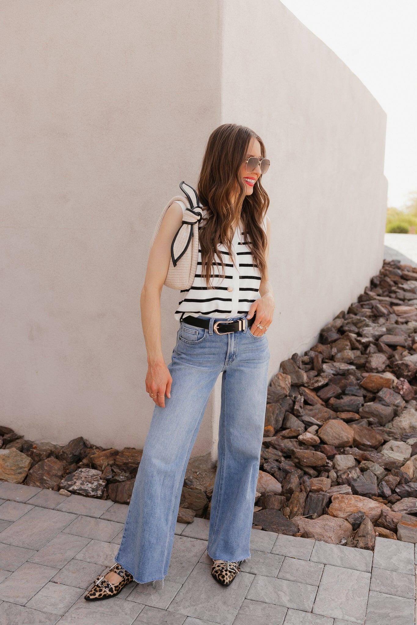White Knit Striped Button-Front V-Neck Tank Top - Image 17