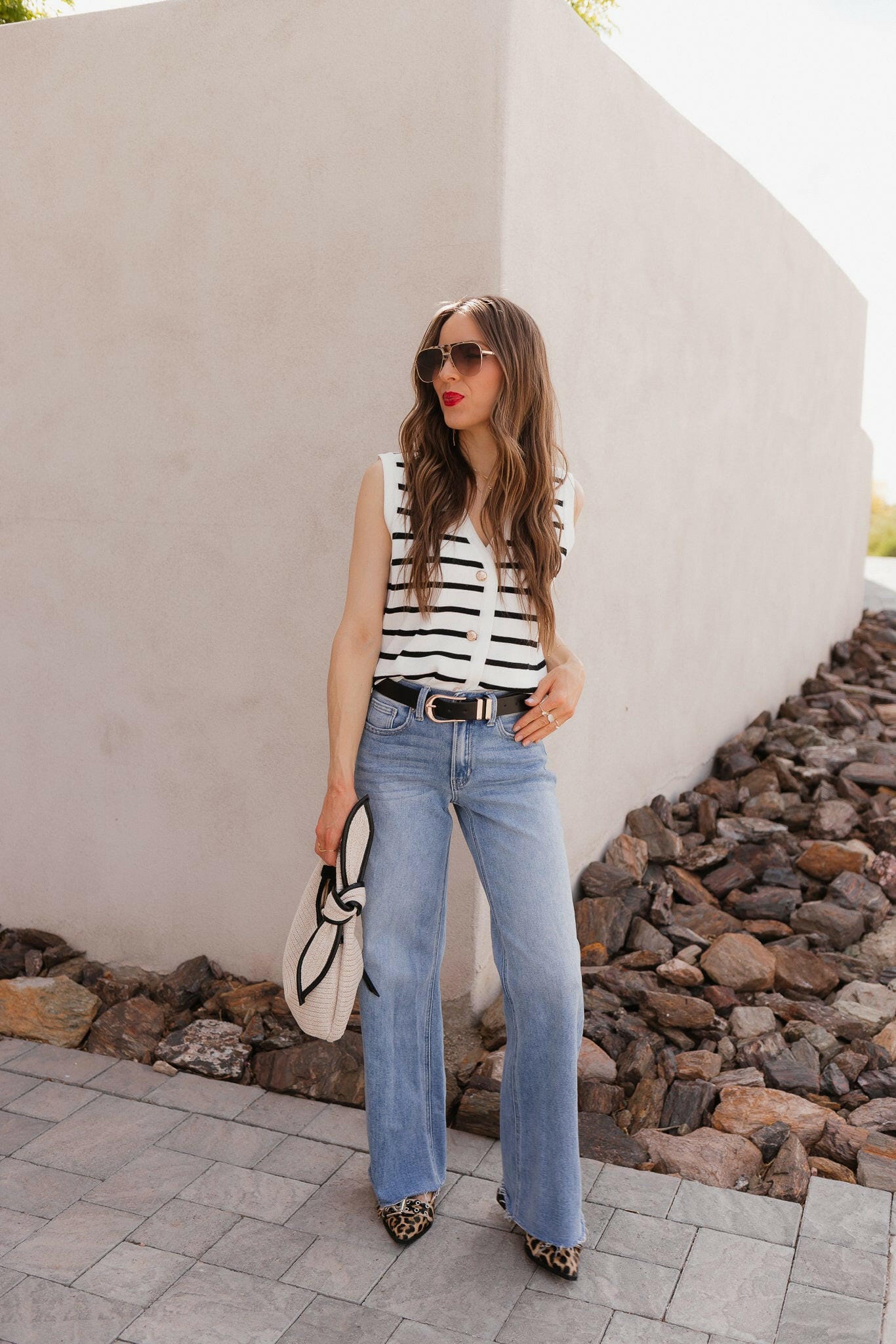 White Knit Striped Button-Front V-Neck Tank Top - Image 5
