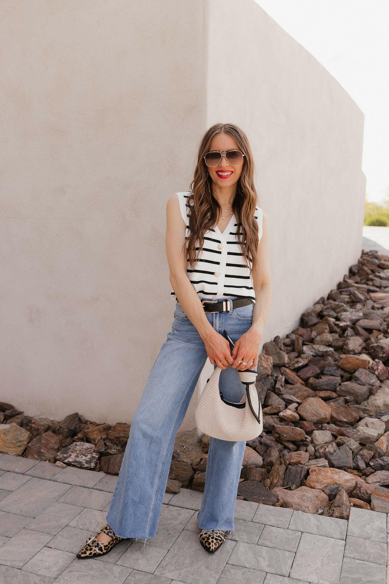 White Knit Striped Button-Front V-Neck Tank Top - Image 21
