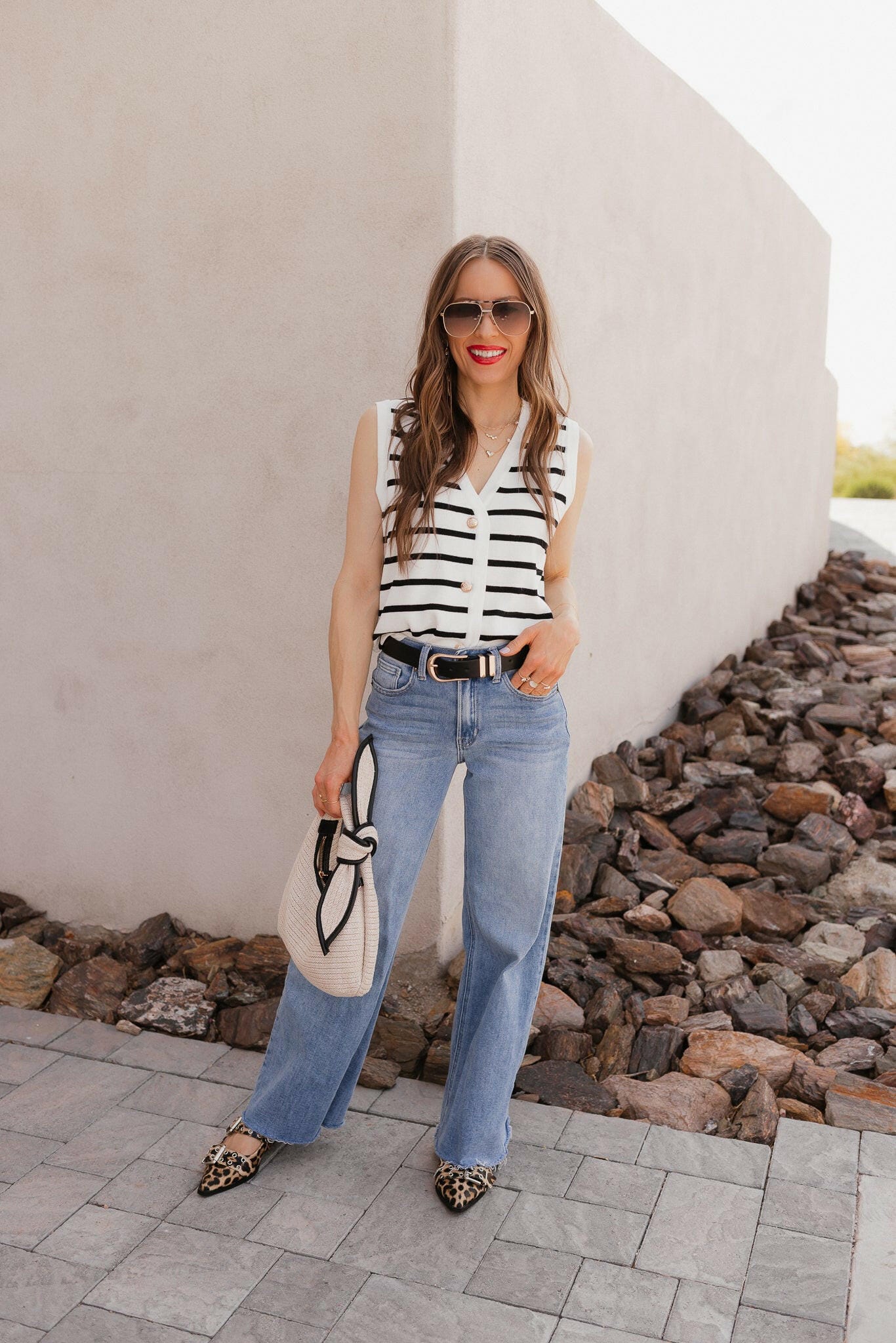 White Knit Striped Button-Front V-Neck Tank Top - Image 20