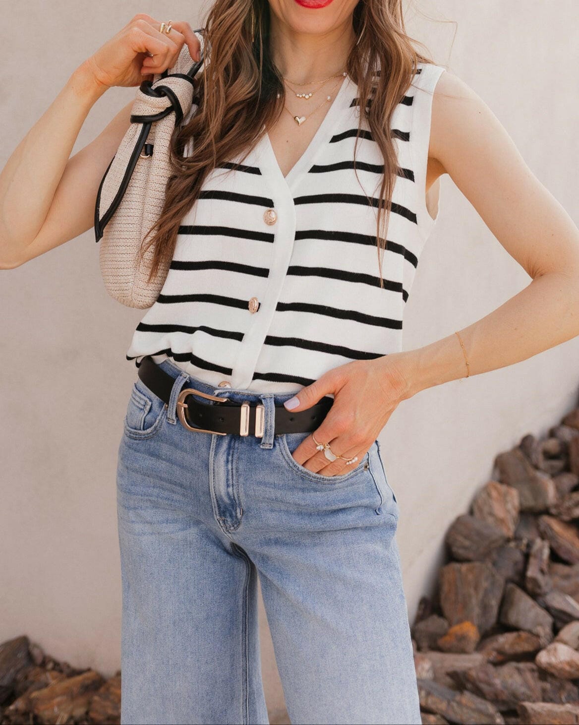 White Knit Striped Button-Front V-Neck Tank Top - Image 8
