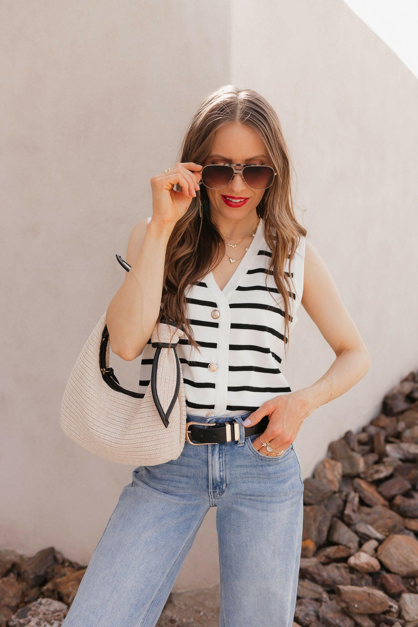 White Knit Striped Button-Front V-Neck Tank Top - Image 12