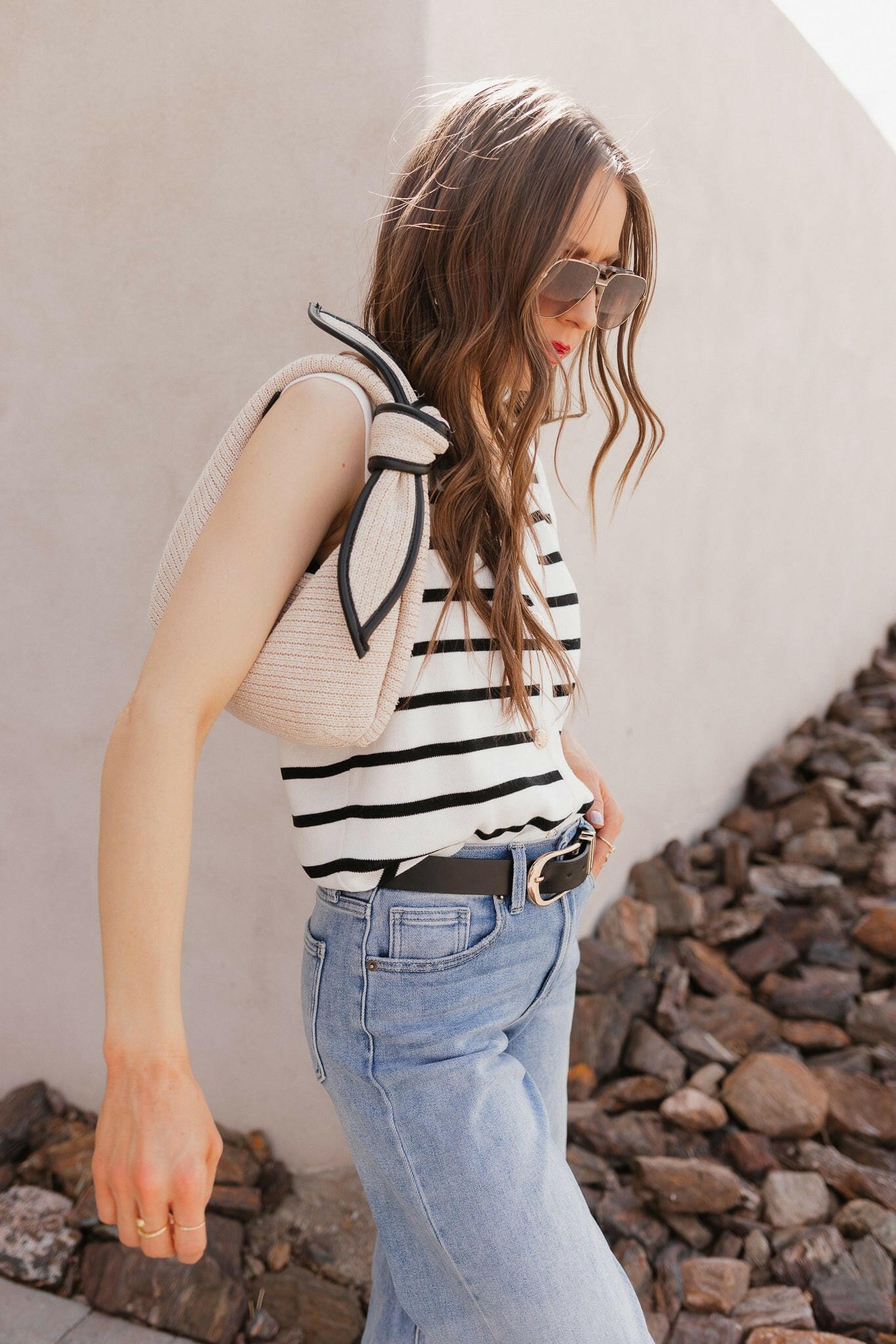 White Knit Striped Button-Front V-Neck Tank Top - Image 10