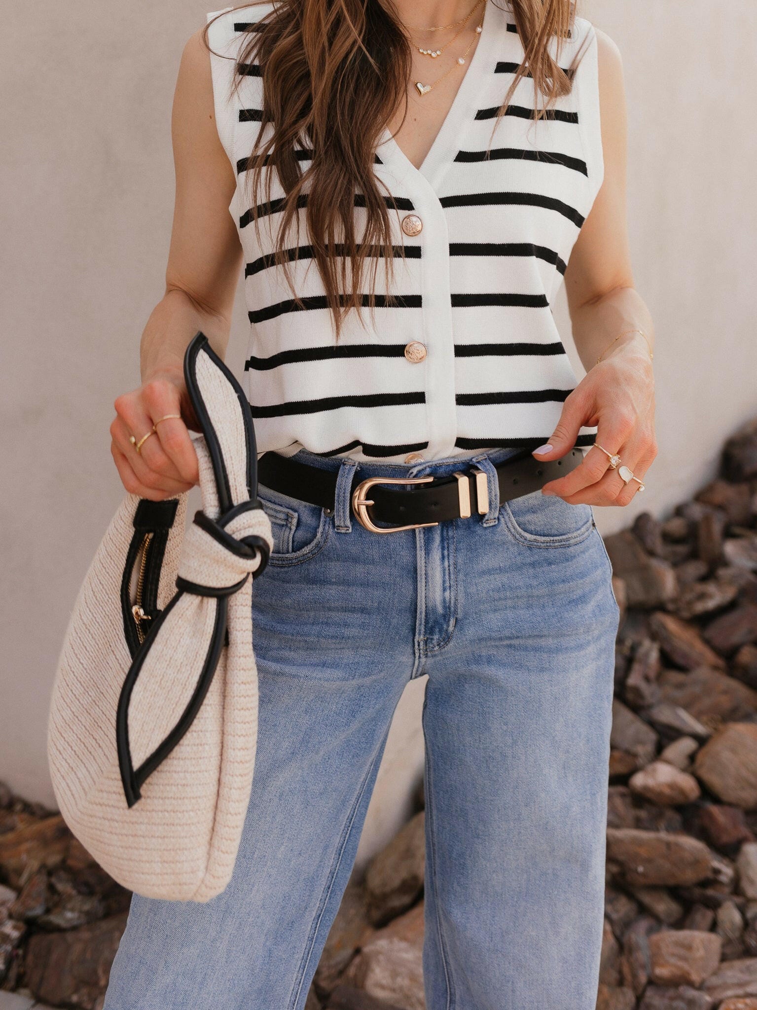 White Knit Striped Button-Front V-Neck Tank Top
