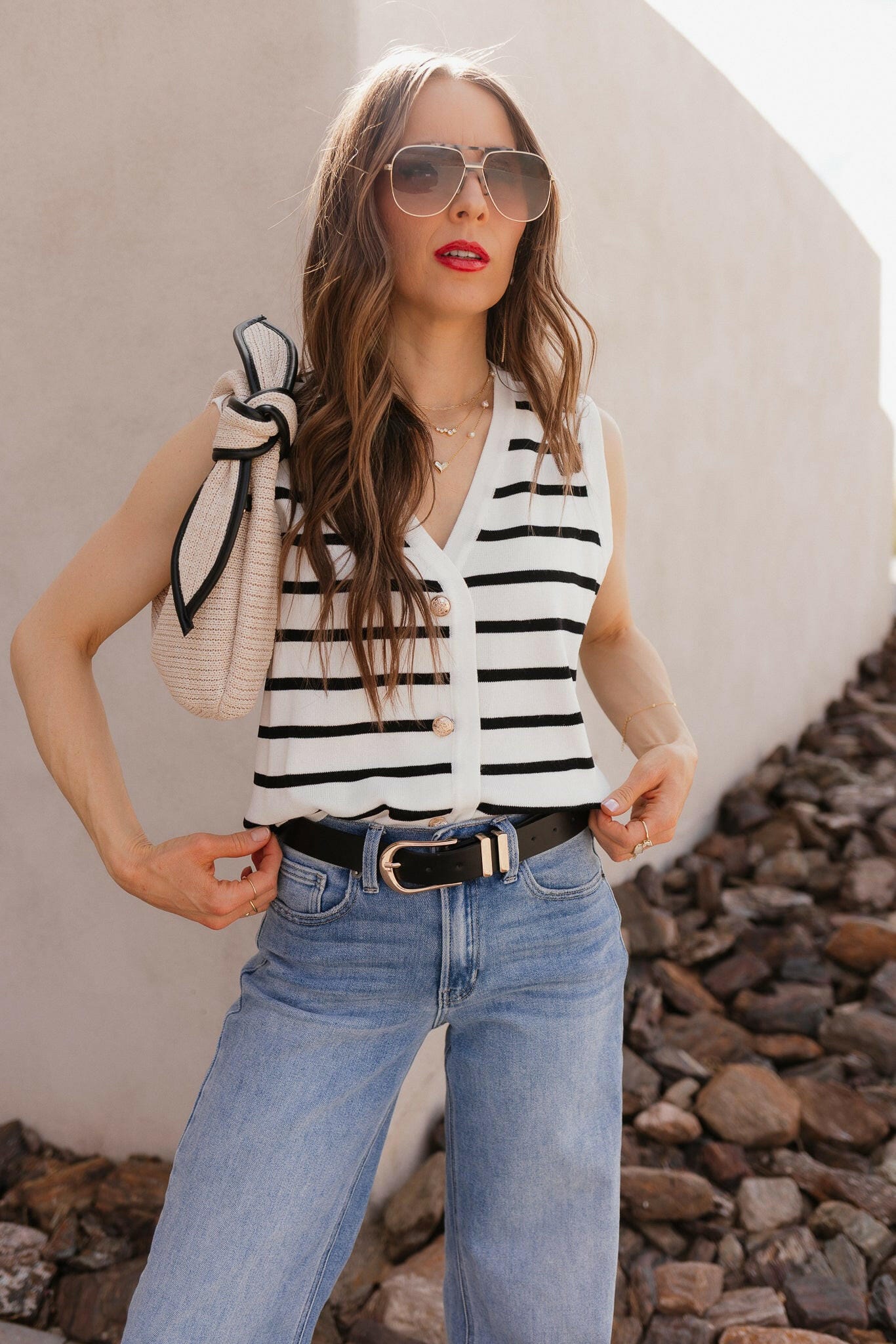 White Knit Striped Button-Front V-Neck Tank Top - Image 3