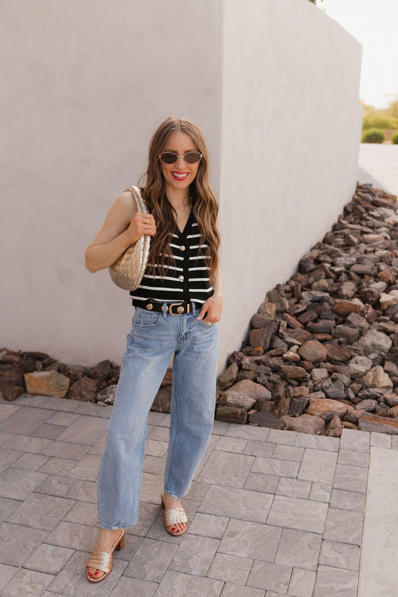 White Knit Striped Button-Front V-Neck Tank Top - Image 28