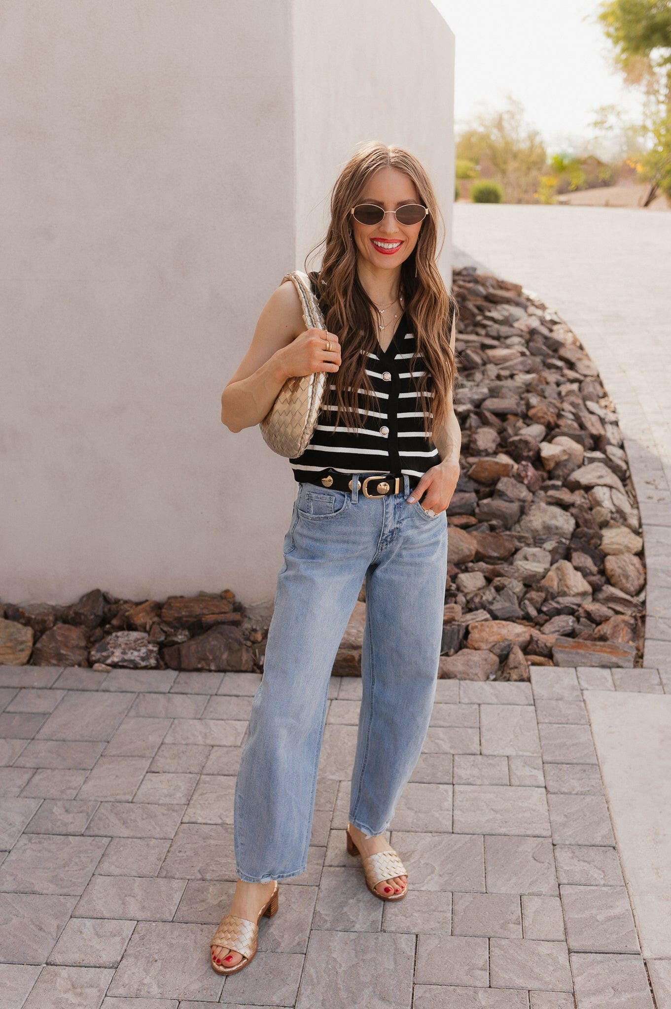 White Knit Striped Button-Front V-Neck Tank Top - Image 26