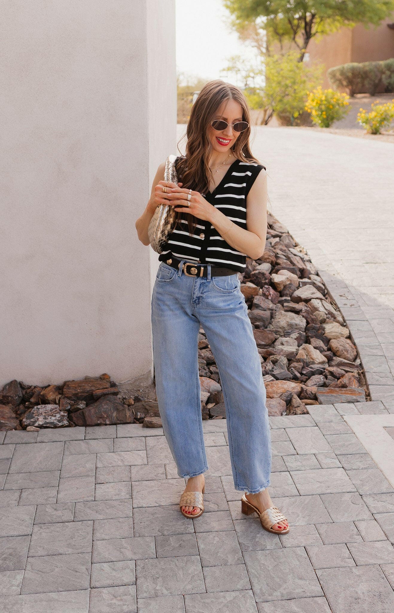 White Knit Striped Button-Front V-Neck Tank Top - Image 29