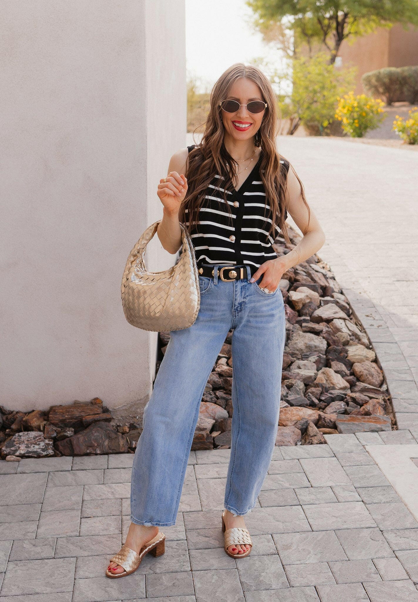 White Knit Striped Button-Front V-Neck Tank Top - Image 30