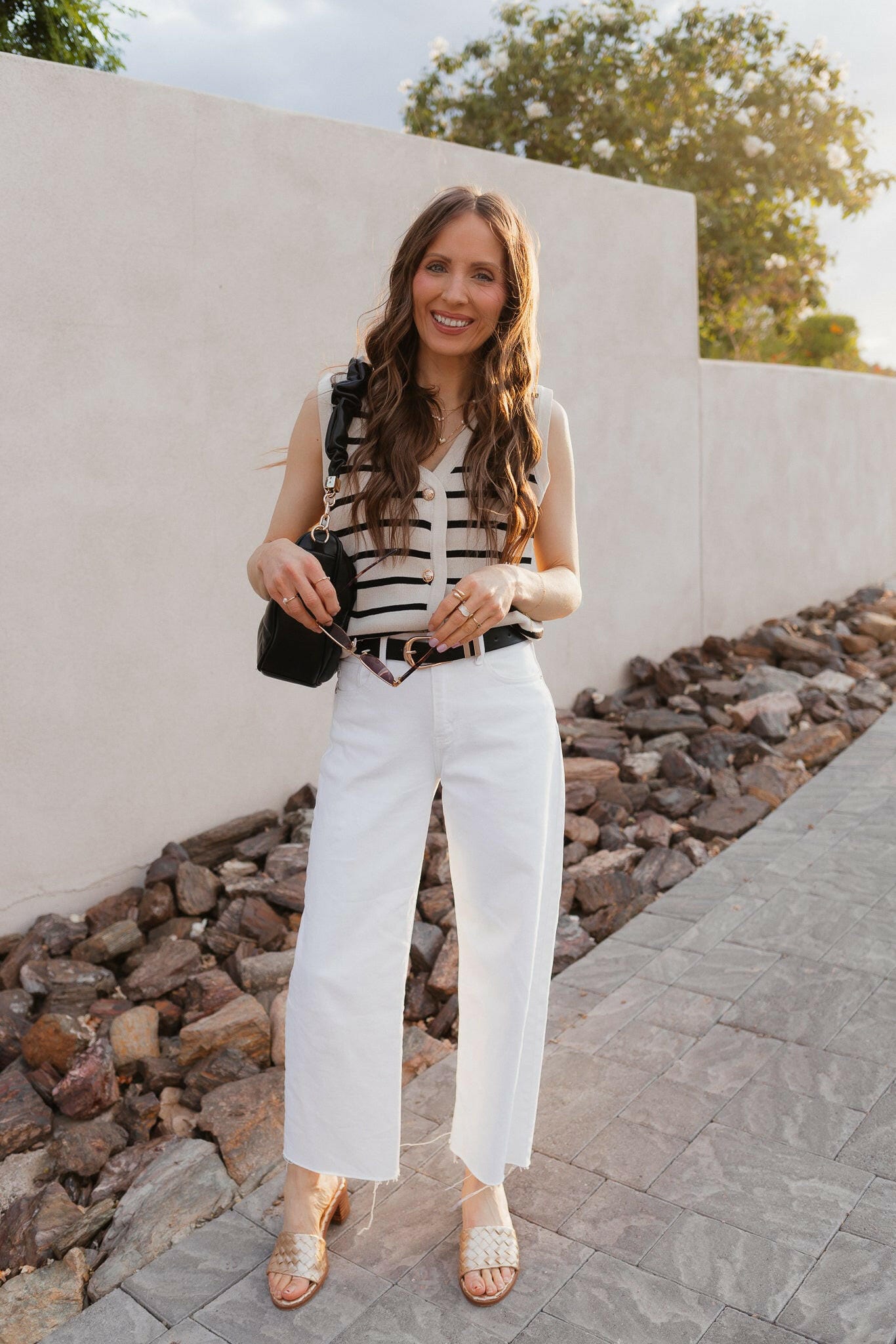 White Knit Striped Button-Front V-Neck Tank Top - Image 38