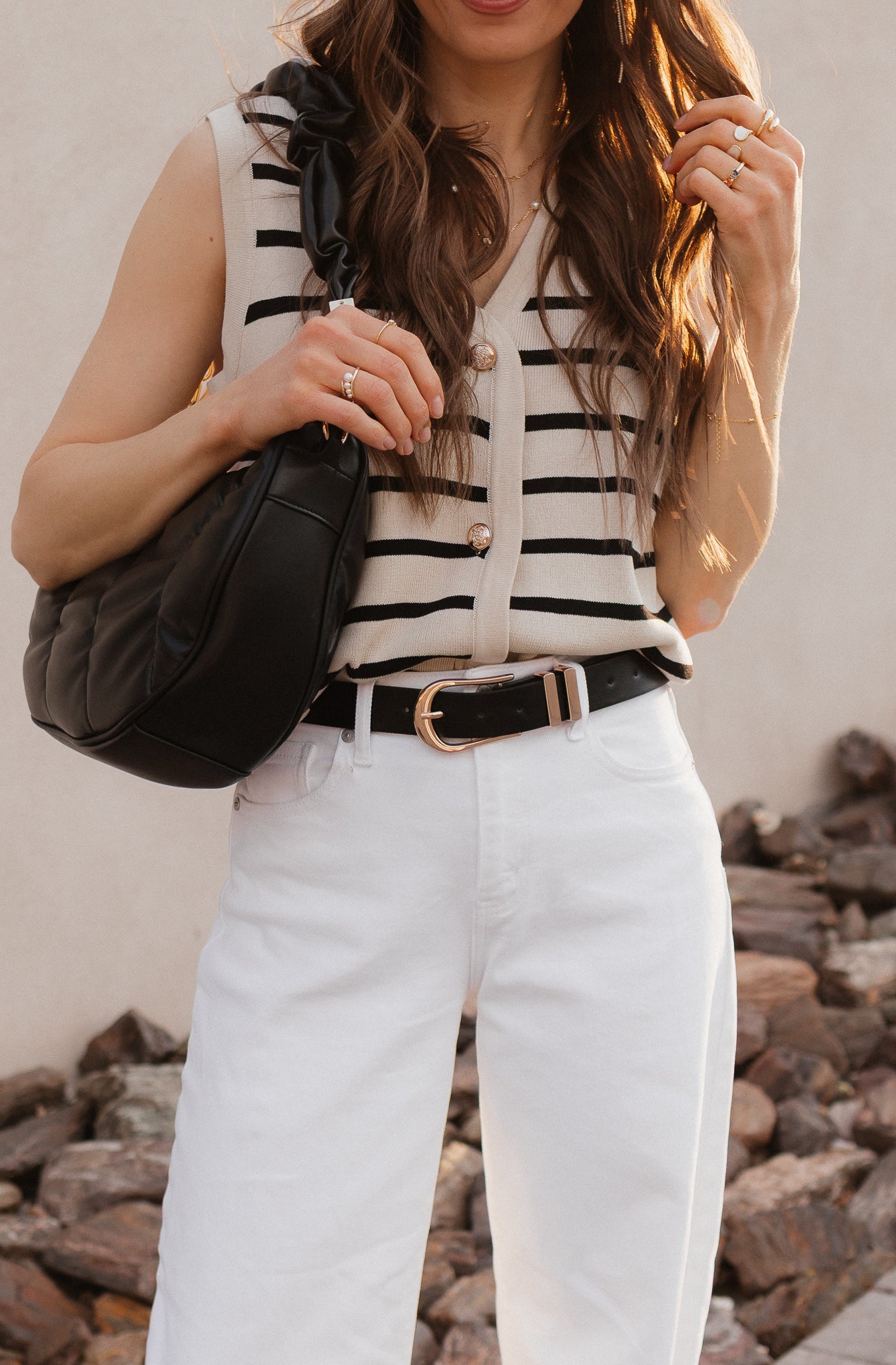 White Knit Striped Button-Front V-Neck Tank Top - Image 40