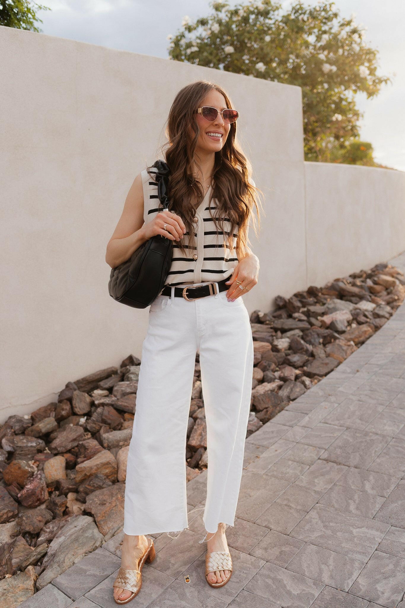 White Knit Striped Button-Front V-Neck Tank Top - Image 36