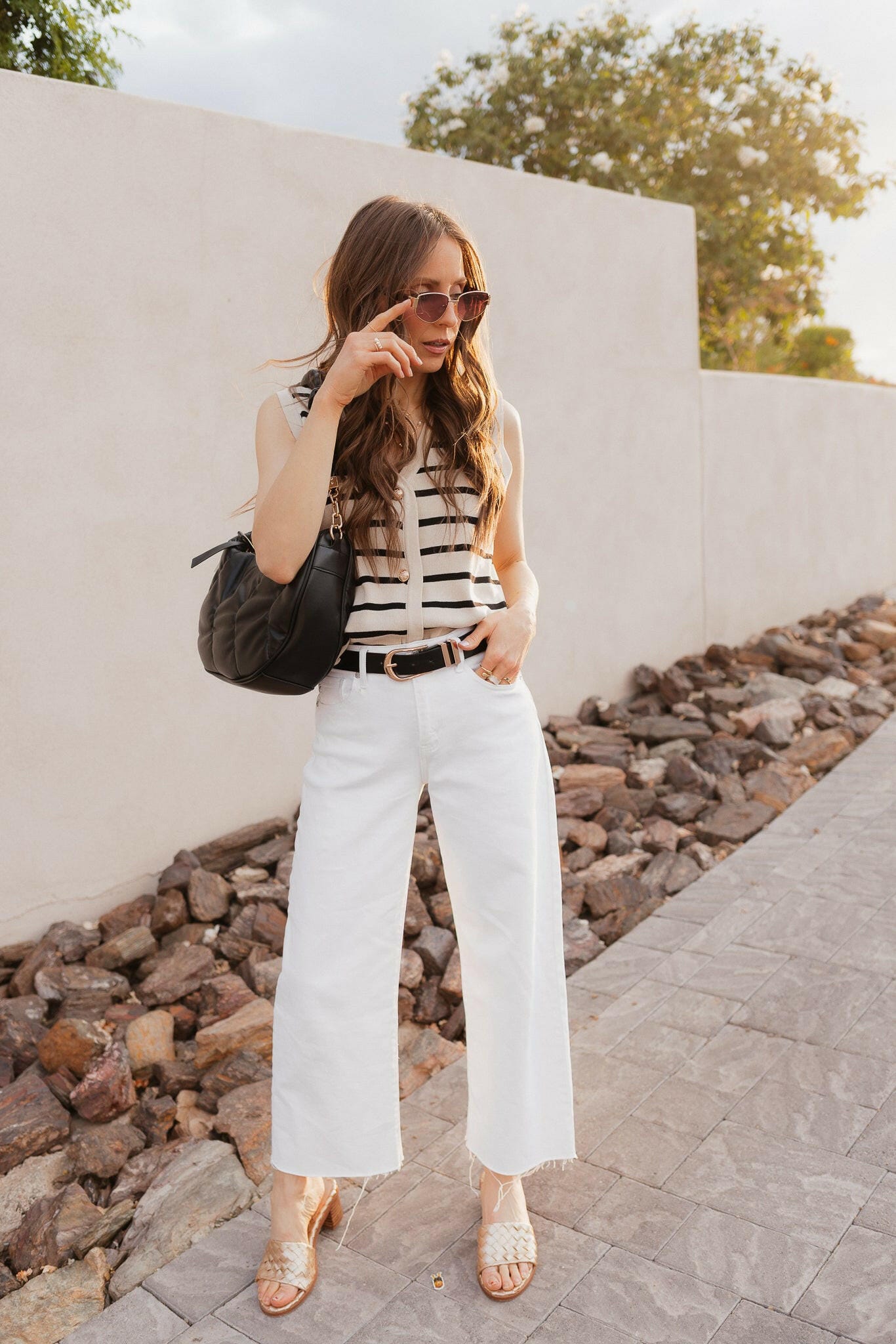 White Knit Striped Button-Front V-Neck Tank Top - Image 35