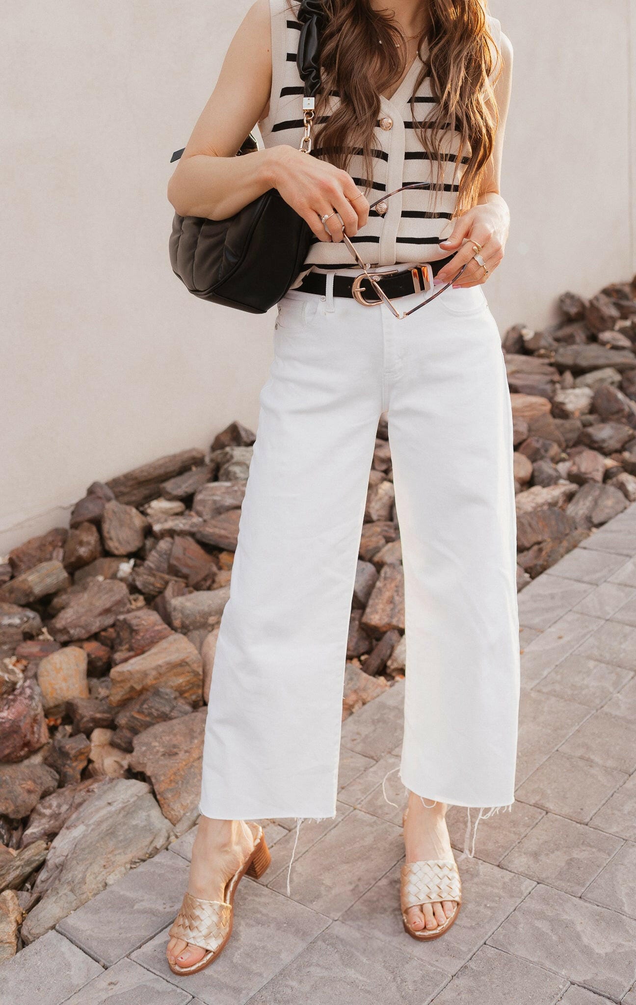 White Knit Striped Button-Front V-Neck Tank Top - Image 44