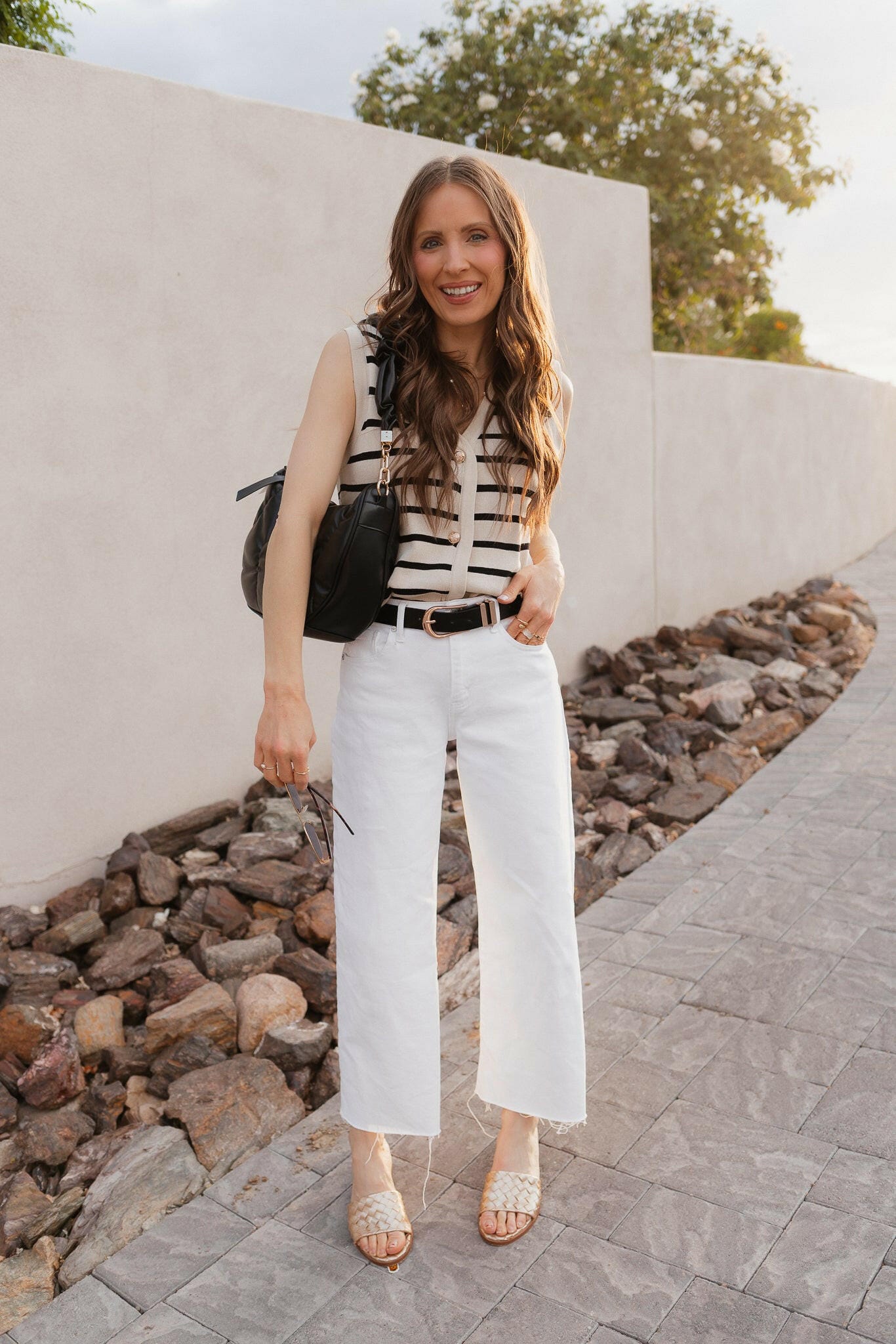 White Knit Striped Button-Front V-Neck Tank Top - Image 46