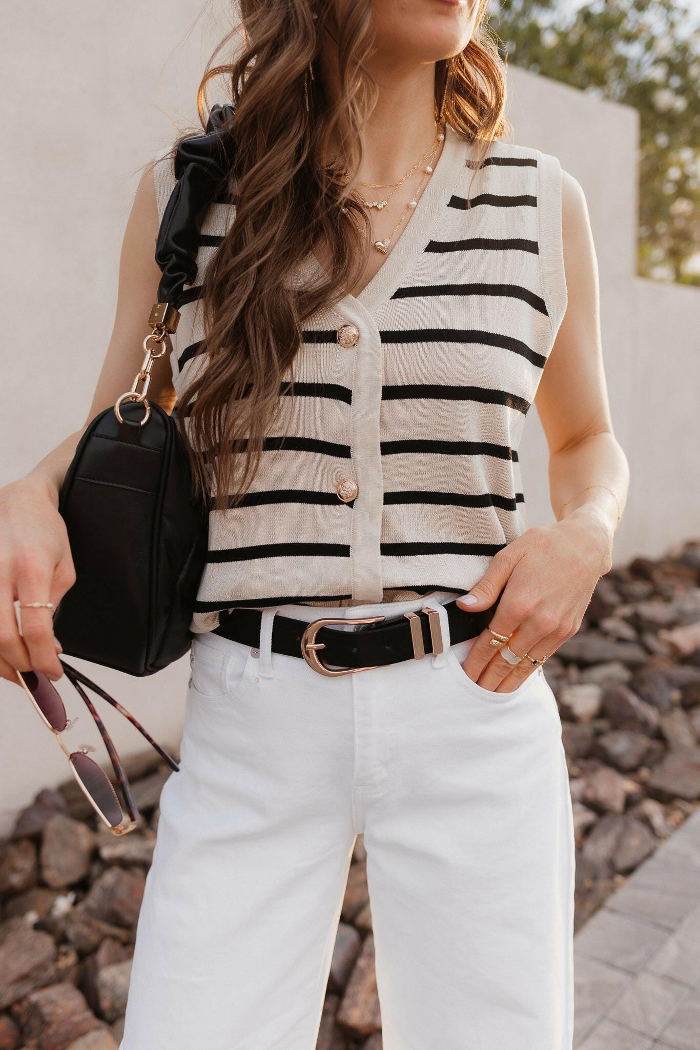 White Knit Striped Button-Front V-Neck Tank Top - Image 34