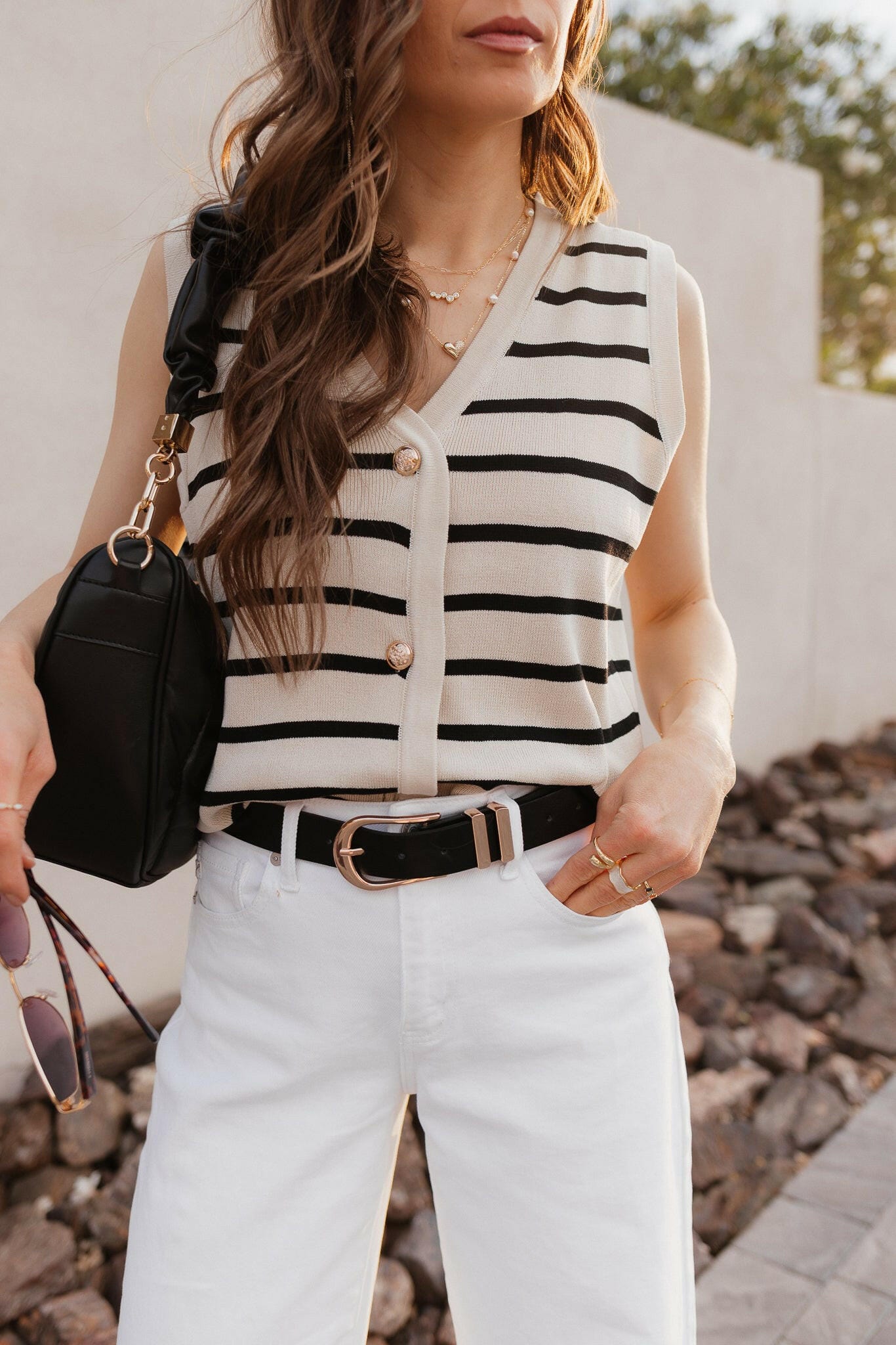 White Knit Striped Button-Front V-Neck Tank Top - Image 47