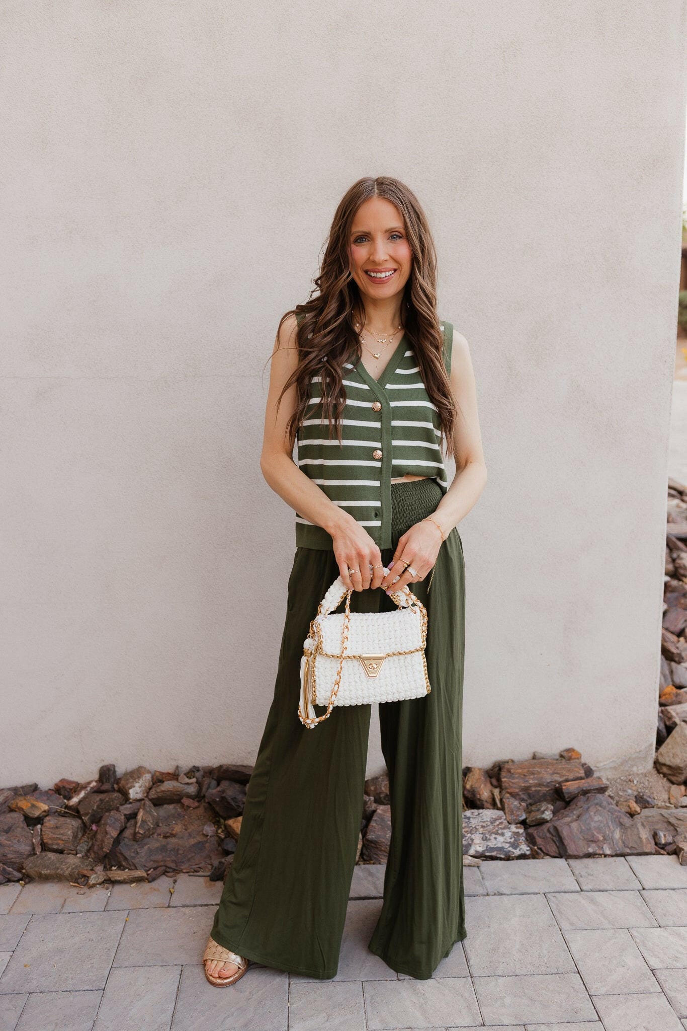 White Knit Striped Button-Front V-Neck Tank Top - Image 52